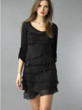 Tempo Paris Black Silk Blend Tiered Dress Size L
